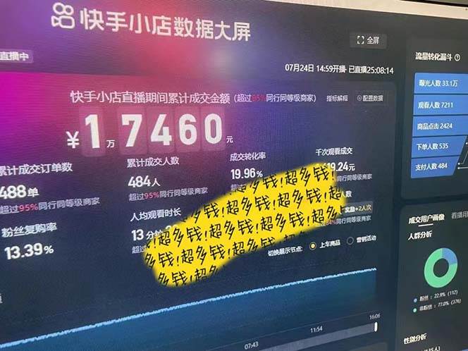 快手-数字人带货教程,日不落48小时直播模式,单台电脑日利润200-500