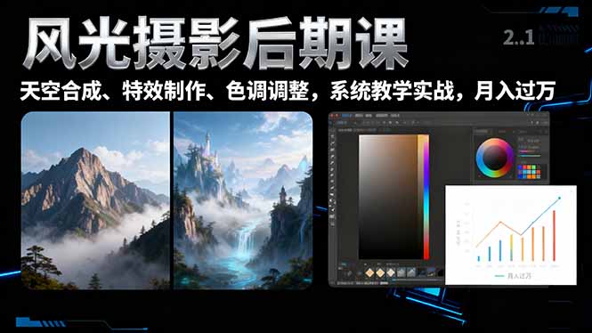 风光摄影后期课,一键换天空合成、特效制作、色调调整,月入过万