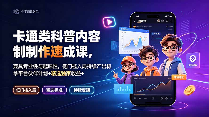 卡通类科普内容制作速成课,兼具专业性与趣味性,低门槛入局持续产出稳拿平台伙伴计划+精选独家收益