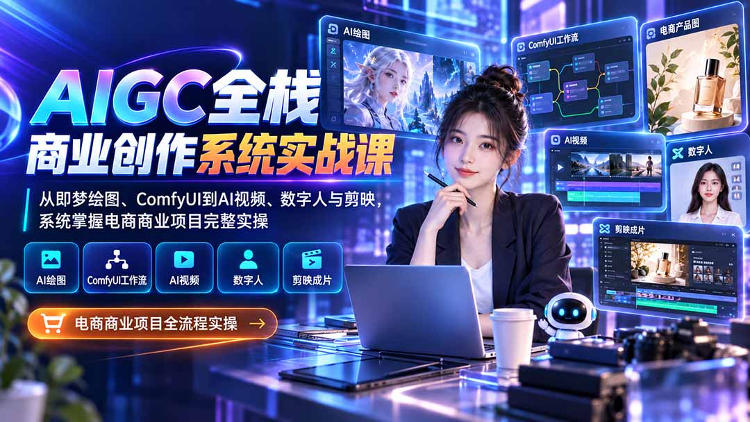 AIGC全栈商业创作系统实战课:从即梦绘图、ComfyUI到AI视频、数字人与剪映,系统掌握电商商业项目完整实操-紫橙资源网