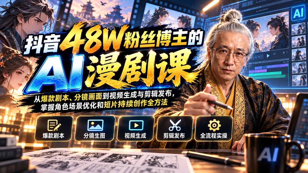 抖音48W粉丝博主的AI漫剧课:从爆款剧本、分镜画面到视频生成与剪辑发布,掌握角色场景优化和短片持续创作全方法-紫橙资源网