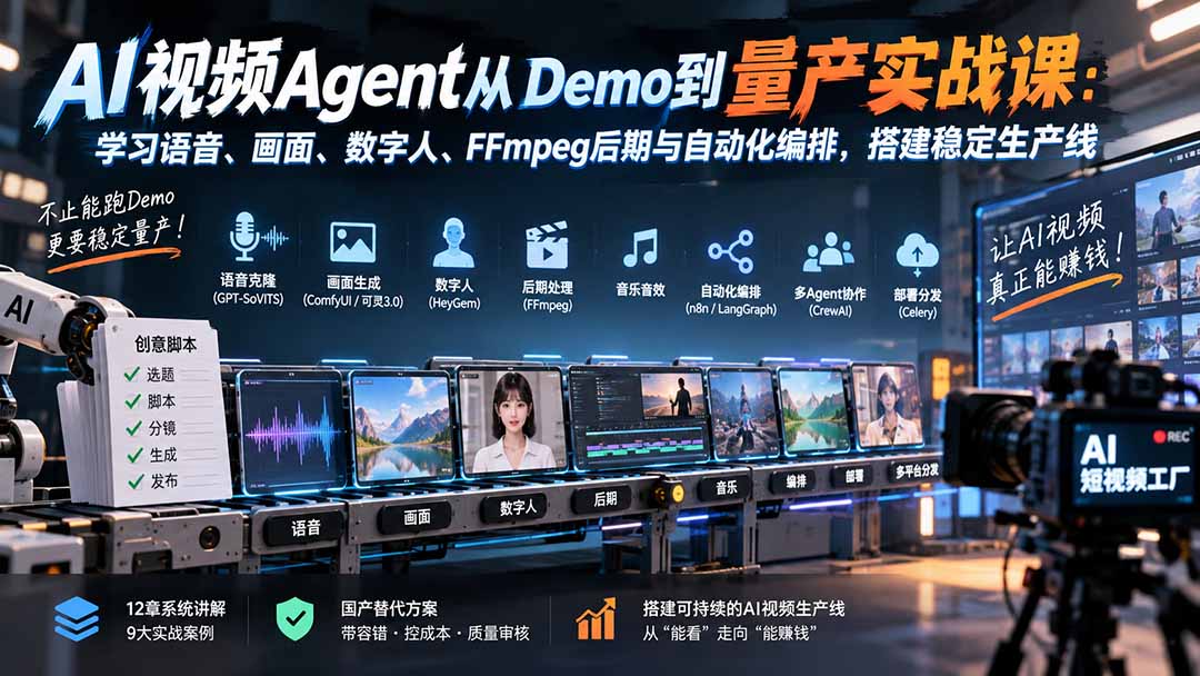 AI视频Agent从Demo到量产实战课:学习语音、画面、数字人、FFmpeg后期与自动化编排,搭建稳定生产线-紫橙资源网