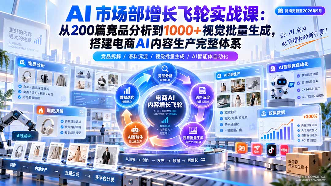 AI 市场部增长飞轮实战课:从200篇竞品分析到1000+视觉批量生成,搭建电商AI内容生产完整体系-紫橙资源网