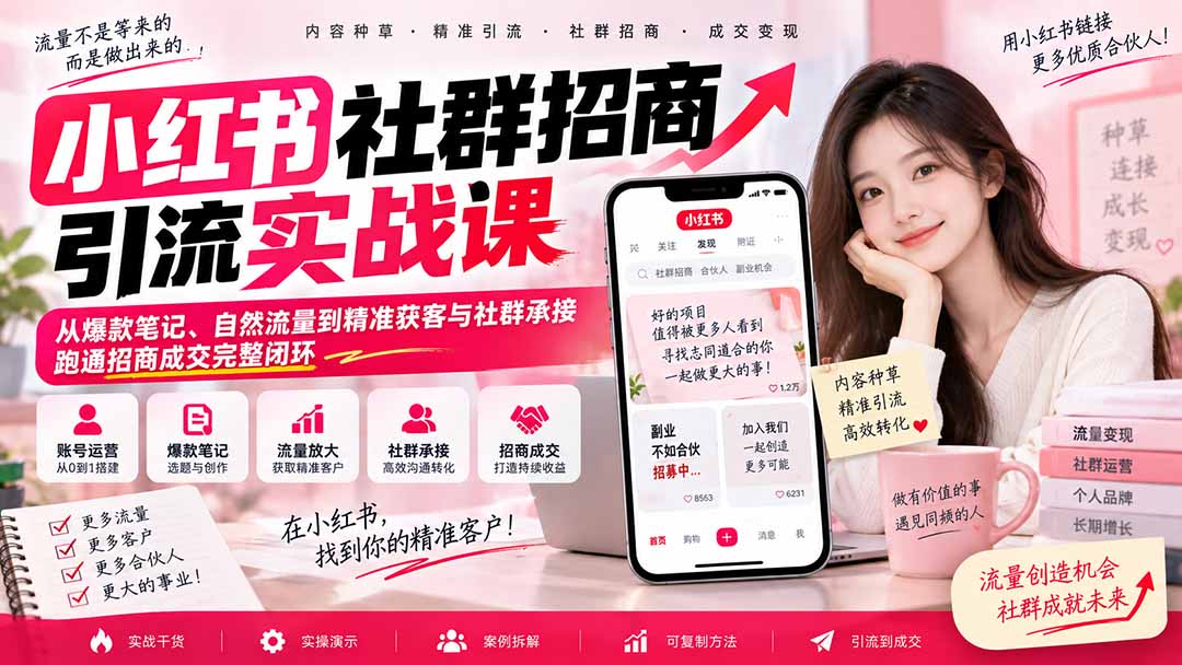 小红书社群招商引流实战课-无水印:从爆款笔记、自然流量到精准获客与社群承接,跑通招商成交完整闭环-紫橙资源网