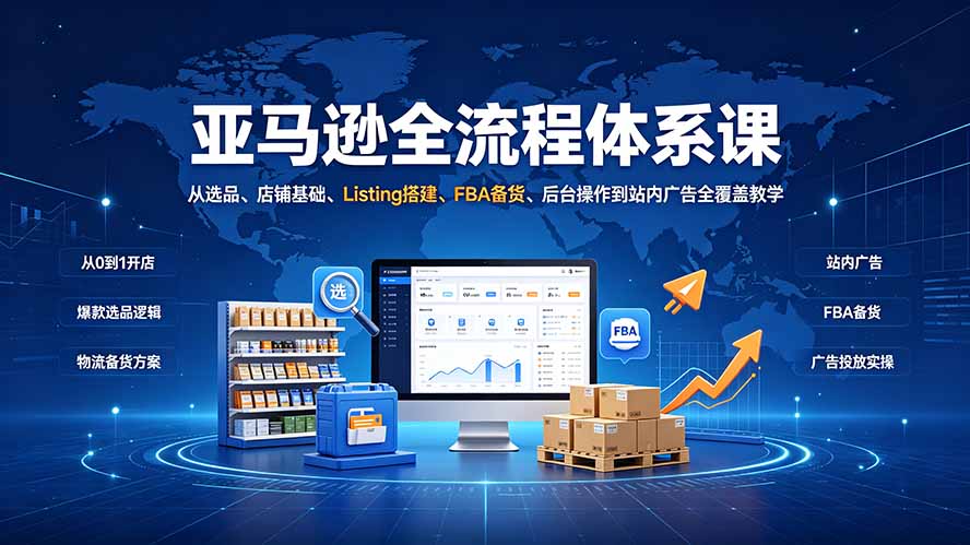 亚马逊全流程体系课:从选品、店铺基础、Listing搭建、FBA备货、后台操作到站内广告全覆盖教学
