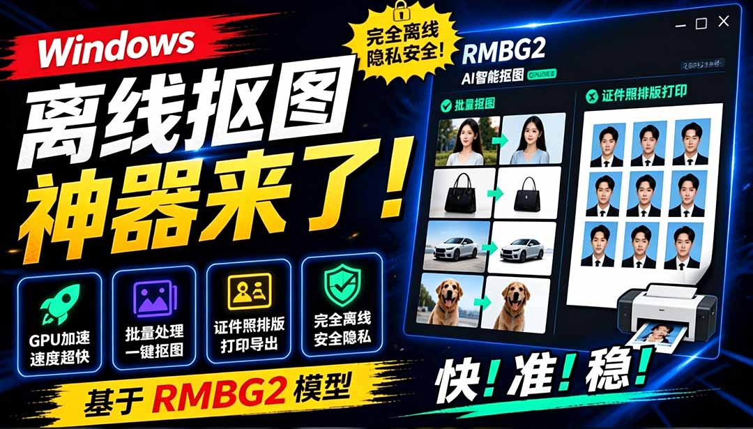 Windows离线抠图神器来了!支持批量抠图 + 证件照排版打印,基于RMBG2模型,GPU加速 方块AI抠图