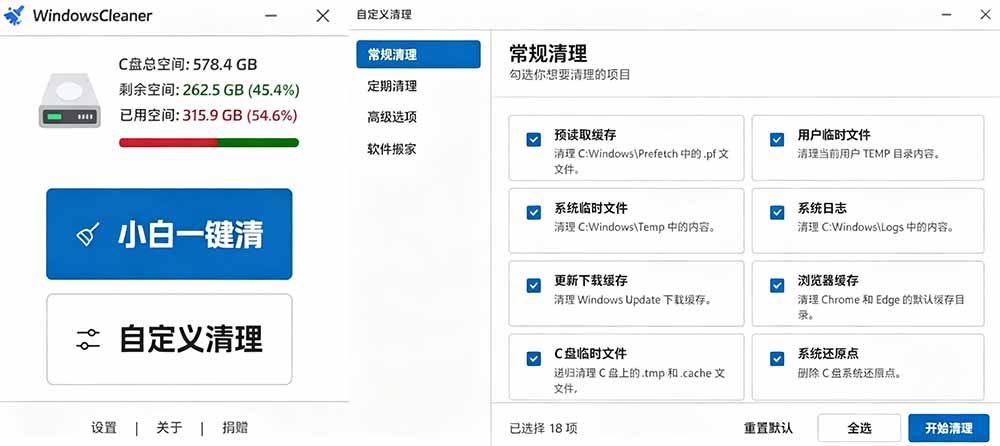 Github收获 4K stars!免费C盘清理神器,轻松腾出几十G空间,支持C盘迁移 Windows Cleaner