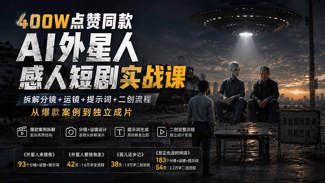 400W点赞同款AI外星人感人短剧实战课:拆解分镜+运镜+提示词+二创流程,从爆款案例到独立成片
