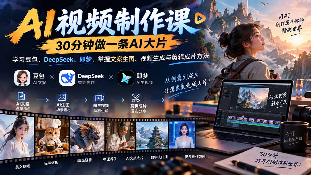 AI视频制作课-30分钟做一条AI大片:学习豆包、DeepSeek、即梦,掌握文案生图、视频生成与剪辑成片方法
