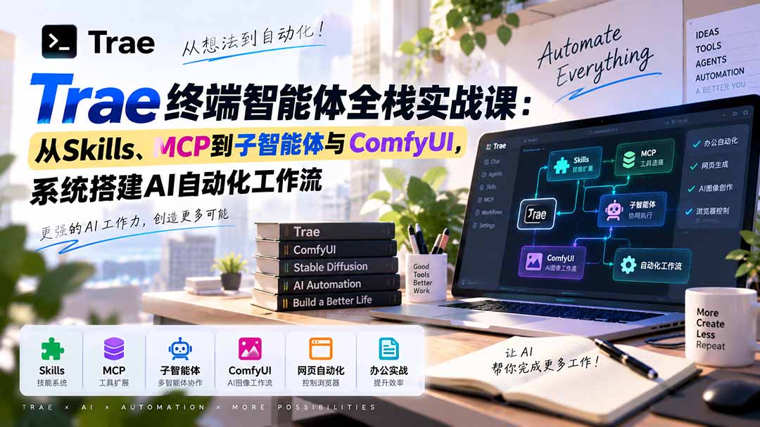Trae终端智能体全栈实战课:从Skills、MCP到子智能体与ComfyUI,系统搭建AI自动化工作流