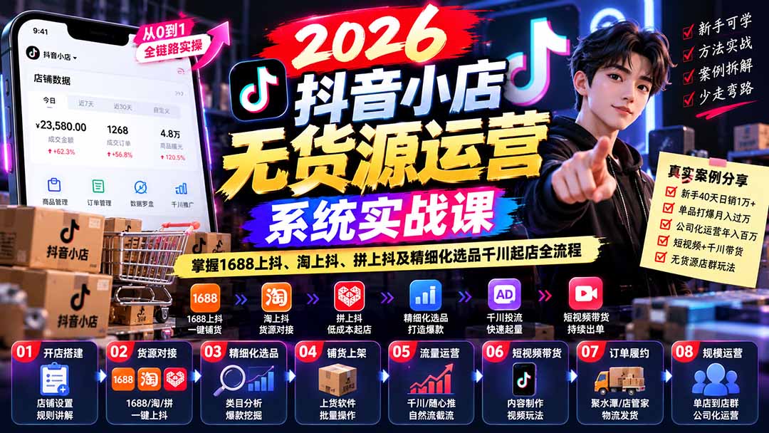 2026抖音小店无货源运营系统实战课:掌握1688上抖、淘上抖、拼上抖及精细化选品千川起店全流程