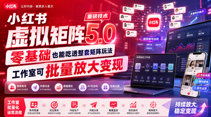 小红书虚拟矩阵5.0重磅技术,零基础也能吃透整套矩阵玩法,工作室可批量放大变现 小红书虚拟矩阵5.0重磅技术,零基础也能吃透整套矩阵玩法,工作室可批量放大变现