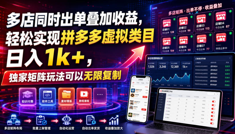 多店同时出单叠加收益,轻松实现拼多多虚拟类目日入1k+,独家矩阵玩法可以无限复制 多店同时出单叠加收益,轻松实现拼多多虚拟类目日入1k+,独家矩阵玩法可以无限复制