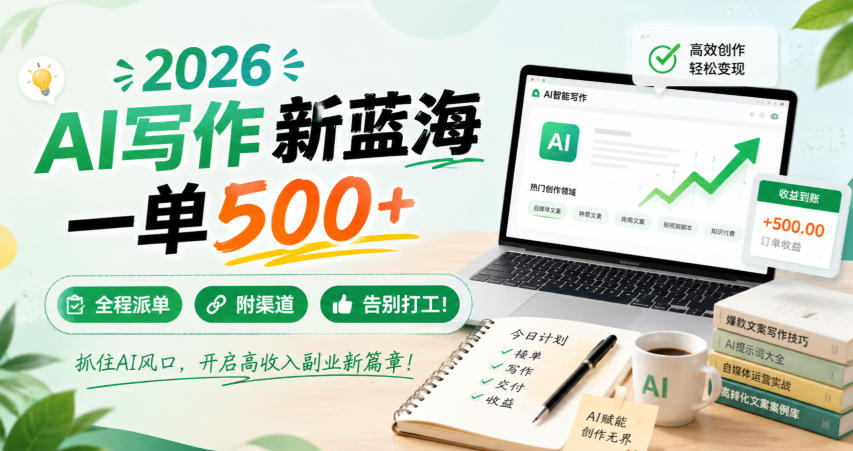 2026 AI写作新蓝海,一单500+,全程派单,附渠道,告别打工! 2026 AI写作新蓝海,一单500+,全程派单,附渠道,告别打工!