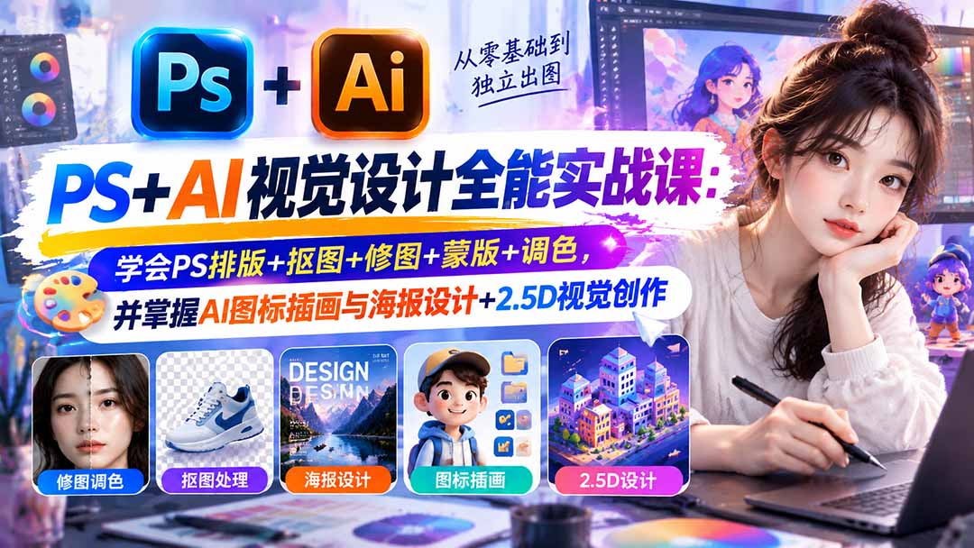 【无水印】PS+AI视觉设计全能实战课:学会PS排版+抠图+修图+蒙版+调色,并掌握AI图标插画与海报设计+2.5D视觉创作