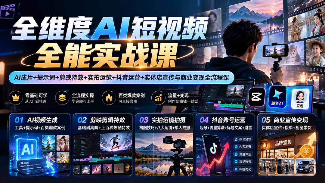【无水印】全维度AI短视频全能实战课:AI成片+提示词+剪映特效+实拍运镜+抖音运营+实体店宣传与商业变现全流程课