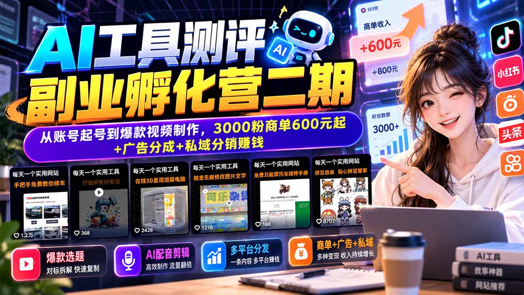 AI工具测评副业孵化营二期:从账号起号到爆款视频制作,3000粉商单600元起+广告分成+私域分销赚钱