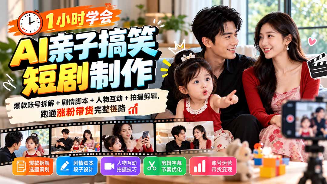 1小时学会AI亲子搞笑短剧制作:爆款账号拆解+剧情脚本+人物互动+拍摄剪辑,跑通涨粉带货完整链路