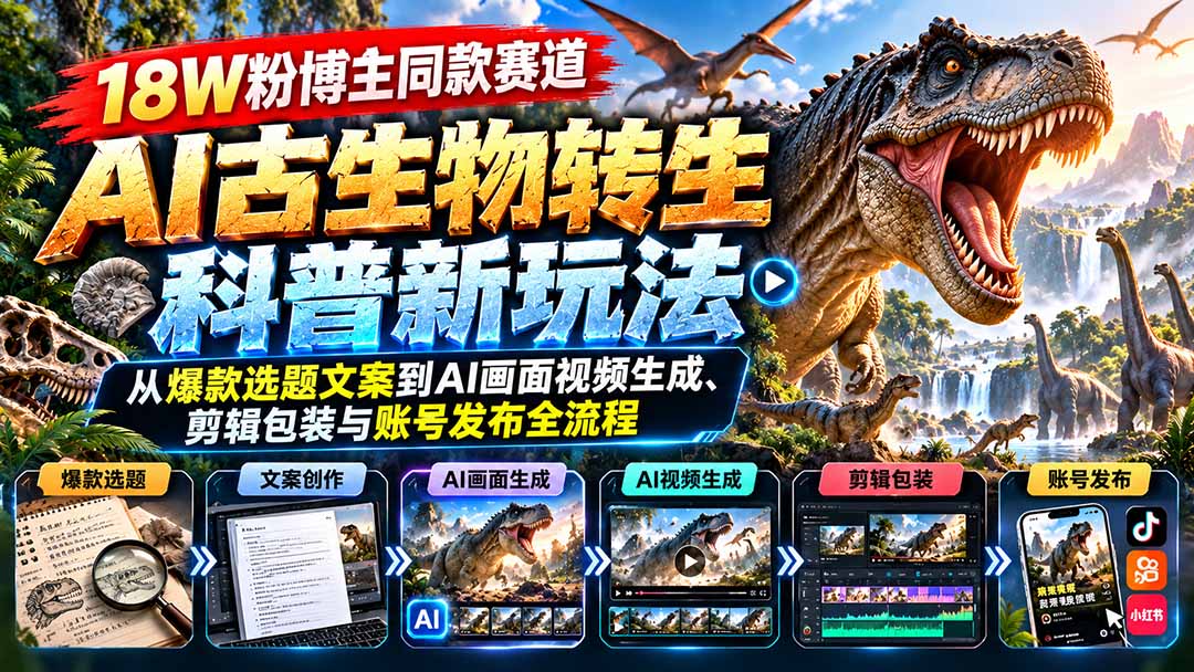 18W粉博主同款赛道-AI古生物转生科普新玩法:从爆款选题文案到AI画面视频生成、剪辑包装与账号发布全流程