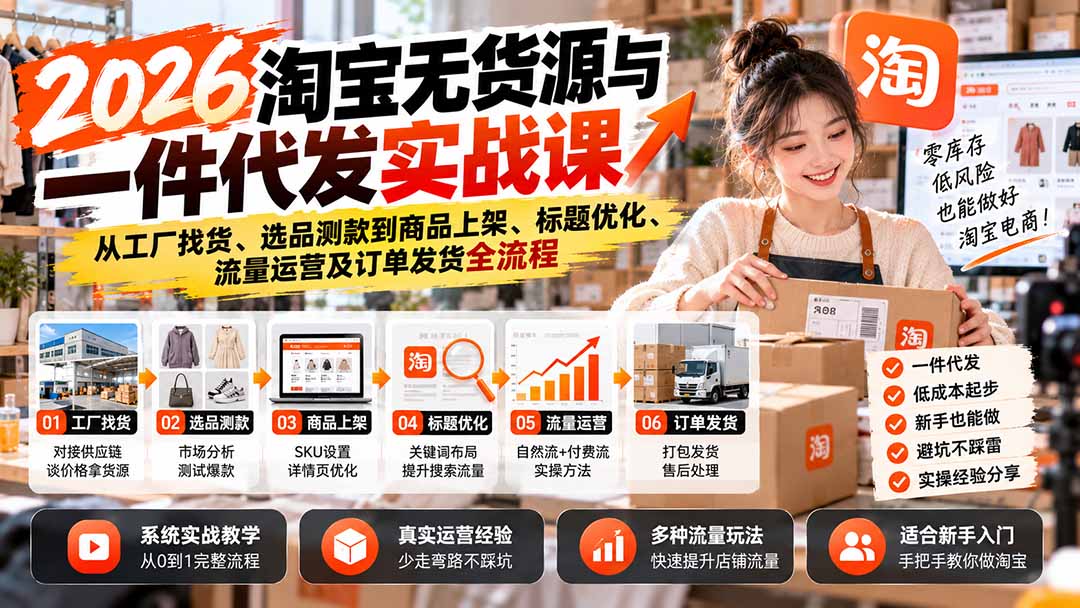 2026淘宝无货源与一件代发实战课:从工厂找货、选品测款到商品上架、标题优化、流量运营及订单发货全流程