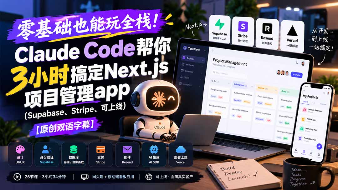 零基础也能玩全栈!Claude Code帮你3小时搞定Next.js项目管理app(Supabase、Stripe、可上线)【原创双语字幕】
