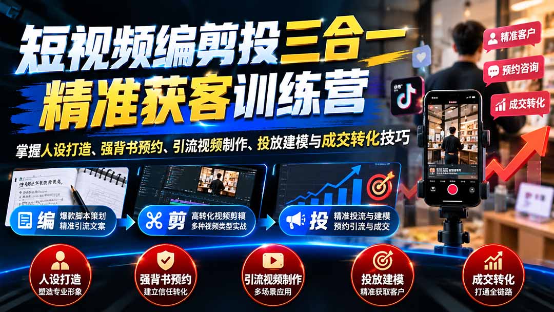 短视频编剪投三合一精准获客训练营:掌握人设打造、强背书预约、引流视频制作、投放建模与成交转化技巧