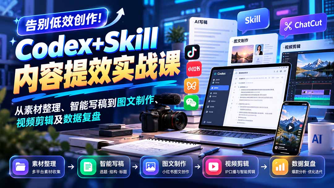 【无水印】告别低效创作!Codex+Skill内容提效实战课:从素材整理、智能写稿到图文制作、视频剪辑及数据复盘