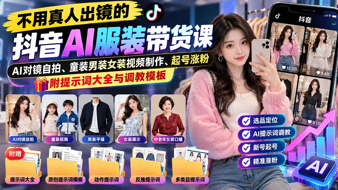 不用真人出镜的抖音AI服装带货课:AI对镜自拍、童装男装女装视频制作、起号涨粉,附提示词大全与调教模板