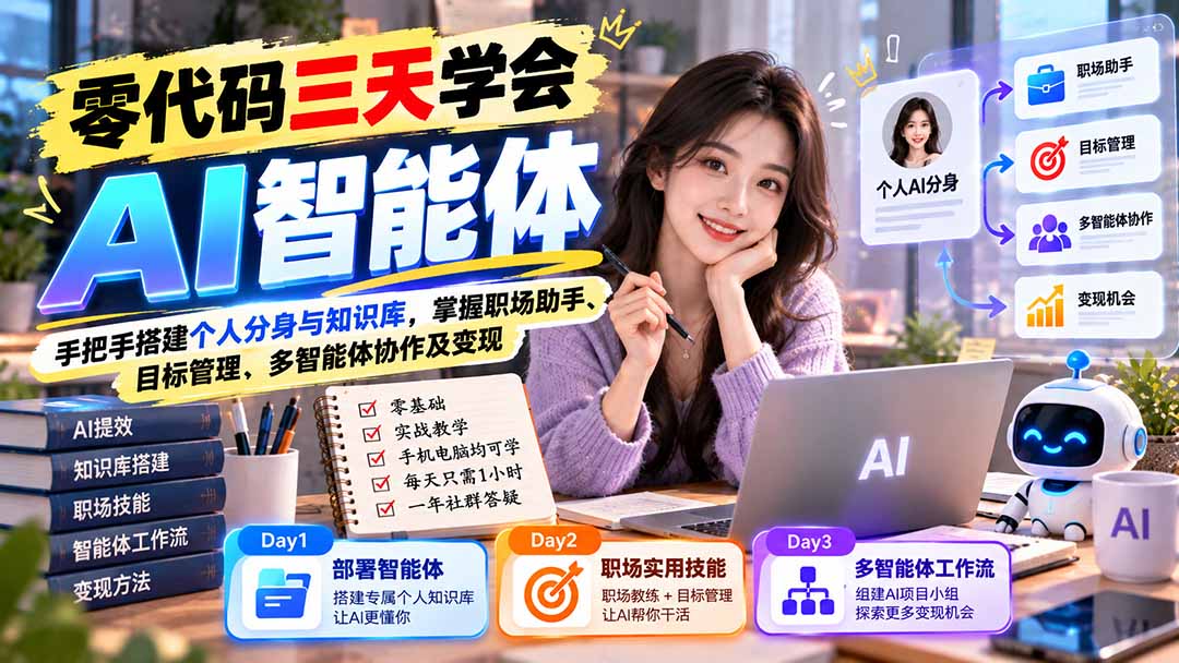 【无水印】零代码三天学会AI智能体:手把手搭建个人分身与知识库,掌握职场助手、目标管理、多智能体协作及变现