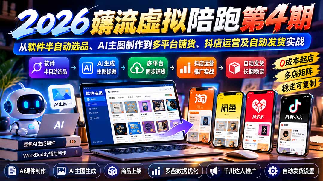 2026薅流虚拟陪跑第4期:从软件半自动选品、AI主图制作到多平台铺货、抖店运营及自动发货实战