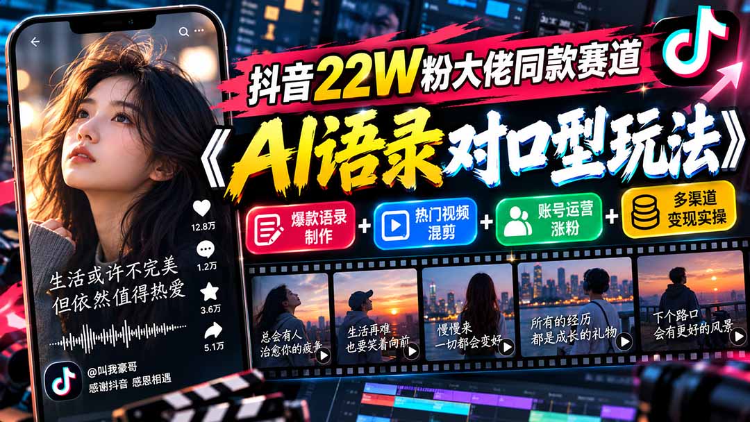 抖音22W粉大佬同款赛道《AI语录对口型玩法》:爆款语录制作+热门视频混剪+账号运营涨粉+多渠道变现实操