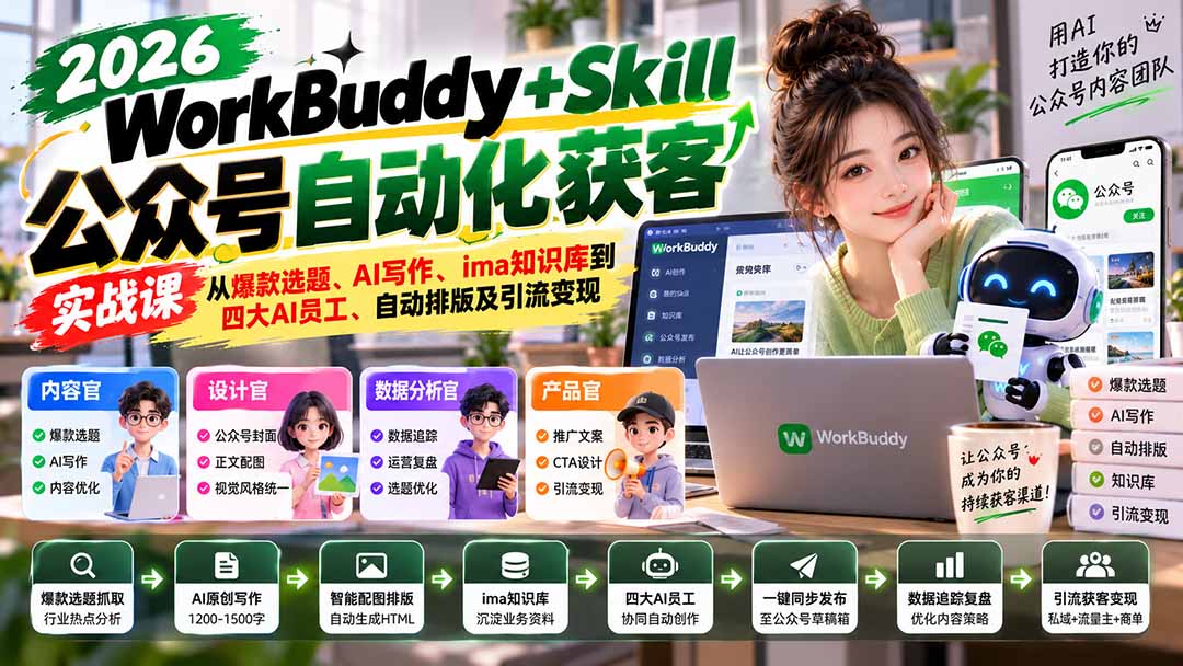 WorkBuddy + Skill公众号自动化获客实战课:从爆款选题、AI写作、ima知识库到四大AI员工、自动排版及引流变现