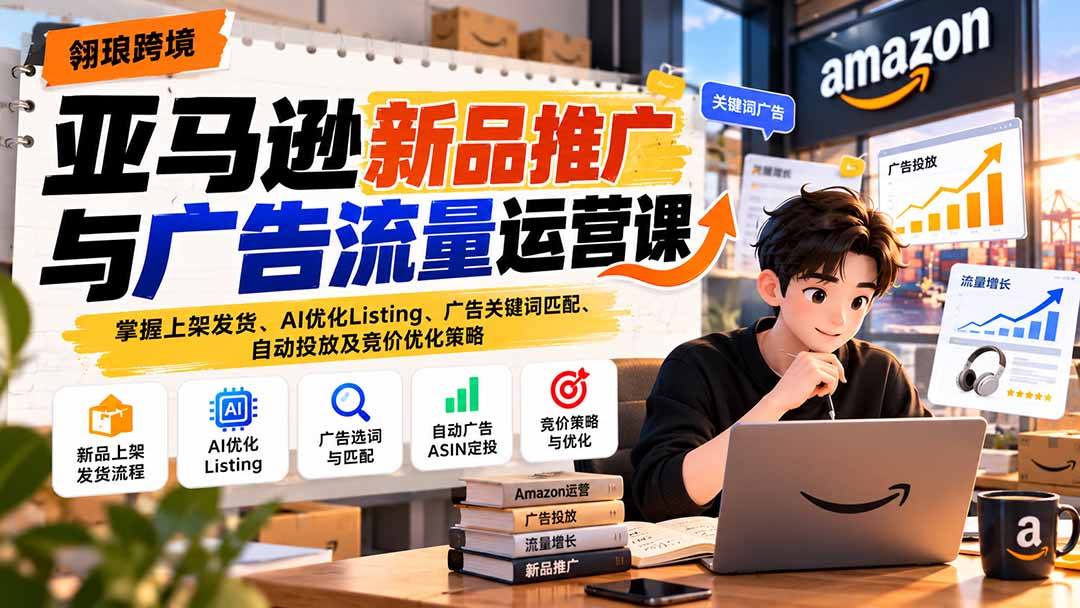 亚马逊新品推广与广告流量运营课:掌握上架发货、AI优化Listing、广告关键词匹配、自动投放及竞价优化策略