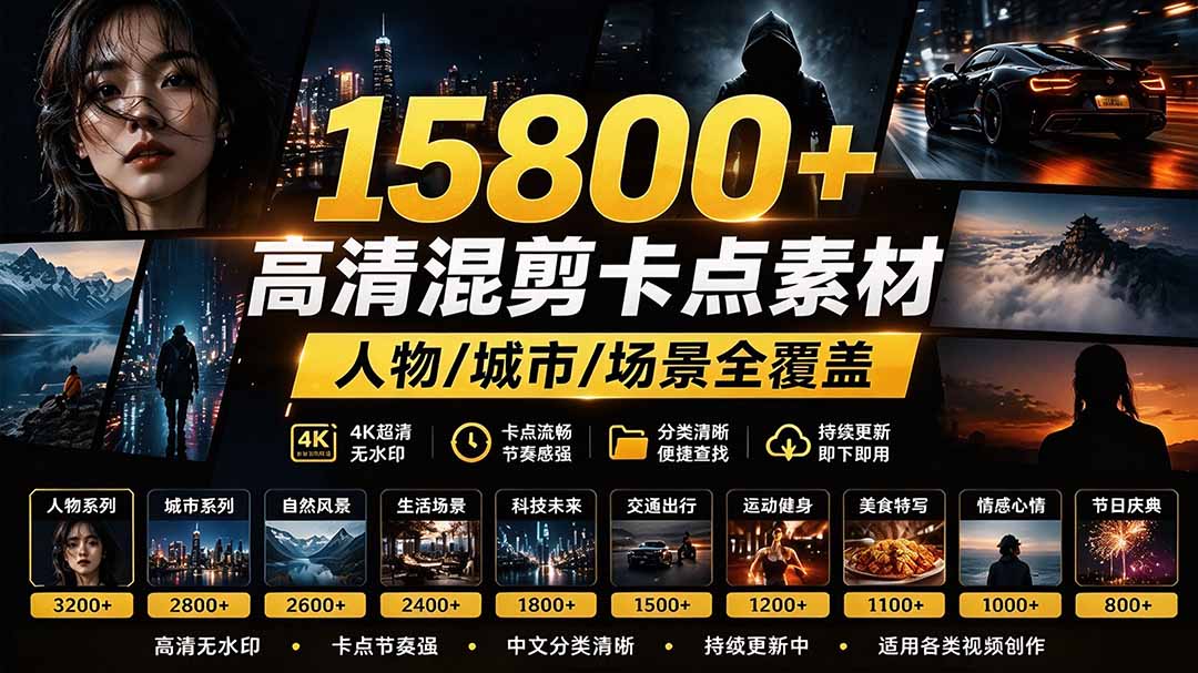 【影视剪辑素材合集】15800+高清混剪卡点|热门影视精彩片段|人物/城市/场景全覆盖,中文分类清晰
