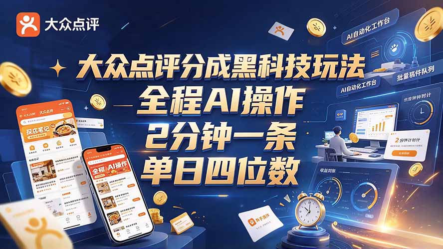 大众点评分成全网独家玩法,AI 全自动出内容,2 分钟一条,小白可冲单日四位数