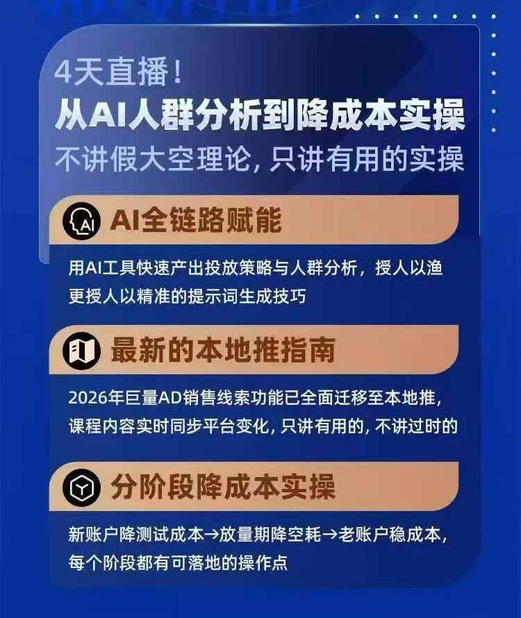 2026巨量AD本地推线索获客全流程实战课-33期:AI人群分析、账户搭建、7天测试、分阶段降本与投放优化