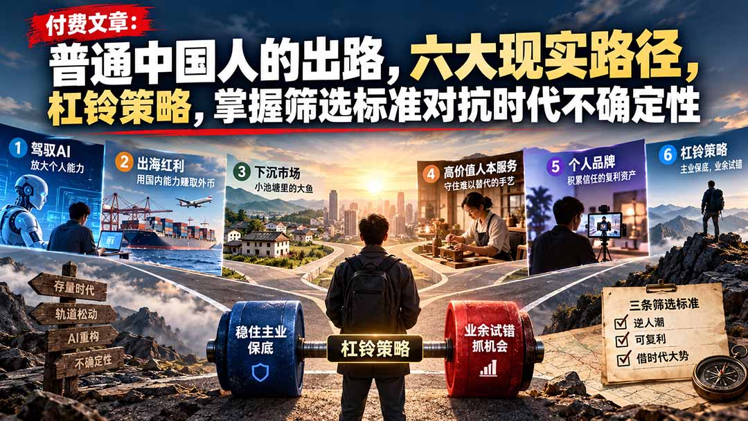 付费文章:普通中国人的出路,六大现实路径,杠铃策略,掌握筛选标准对抗时代不确定性