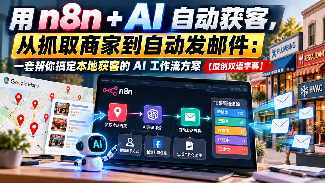 用 n8n + AI 自动获客,从抓取商家到自动发邮件:一套帮你搞定本地获客的 AI 工作流方案【原创双语字幕】