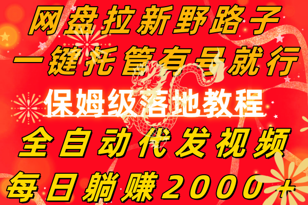 网盘拉新野路子，一键托管有号就行，全自动代发视频，每日躺赚2000＋，...-紫橙资源网