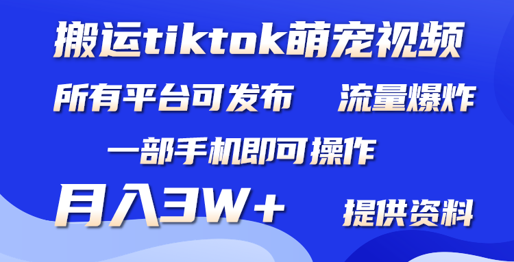 搬运Tiktok萌宠类视频，一部手机即可。所有短视频平台均可操作，月入3W+-紫橙资源网