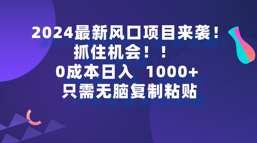 2024最新风口项目来袭，抓住机会，0成本一部手机日入1000+，只需无脑复...-紫橙资源网