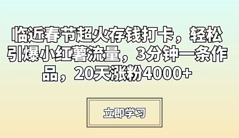 临近春节超火存钱打卡，轻松引爆小红薯流量，3分钟一条作品，20天涨粉4000+-紫橙资源网