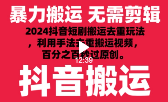 2024最新抖音搬运技术，抖音短剧视频去重，手法搬运，利用工具去重，达到秒过原创的效果-紫橙资源网