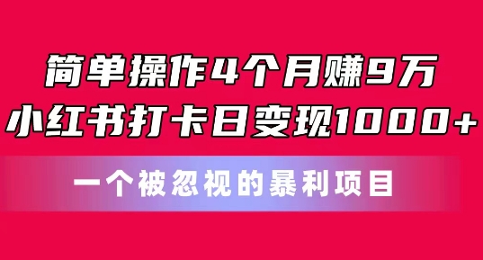 简单操作4个月赚9w，小红书打卡日变现1k，一个被忽视的暴力项目-紫橙资源网