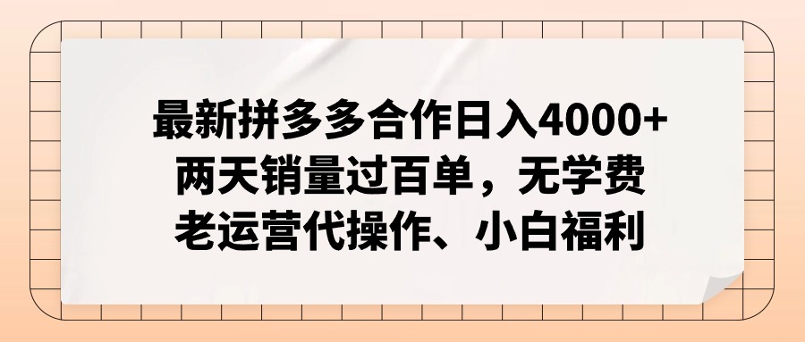 最新拼多多合作日入4000+两天销量过百单，无学费、老运营代操作、小白福利-紫橙资源网