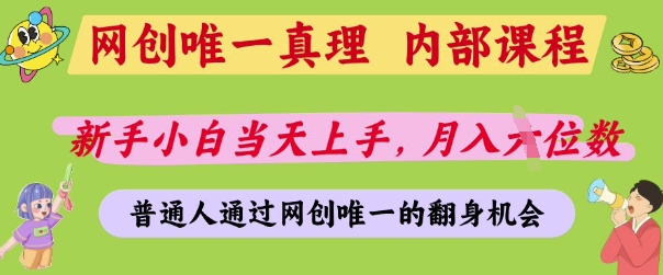 网创唯一真理，内部课程，新手小白当天上手，月入5位数，普通人通过网创唯一的机会-紫橙资源网