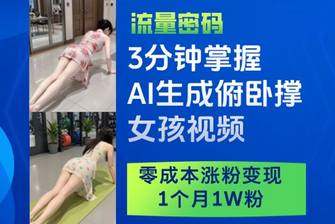 3分钟掌握AI生成俯卧撑女孩视频,零成本涨粉变现,1个月1W粉-紫橙资源网