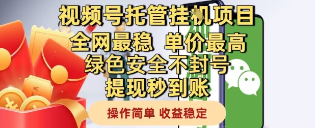 视频号托管挂G项目全网最稳，单价最高，绿色安全不封号提现秒到账，操作简单，收益稳定-紫橙资源网