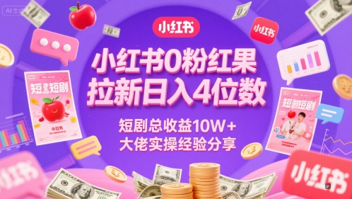 小红书0粉红果短剧拉新日入4位，数短剧总收益10W+大佬实操经验分享-紫橙资源网