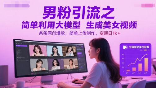 男粉引流之简单利用大模型生成美女视频，条条原创爆款，简单上传制作，变现日1k+-紫橙资源网